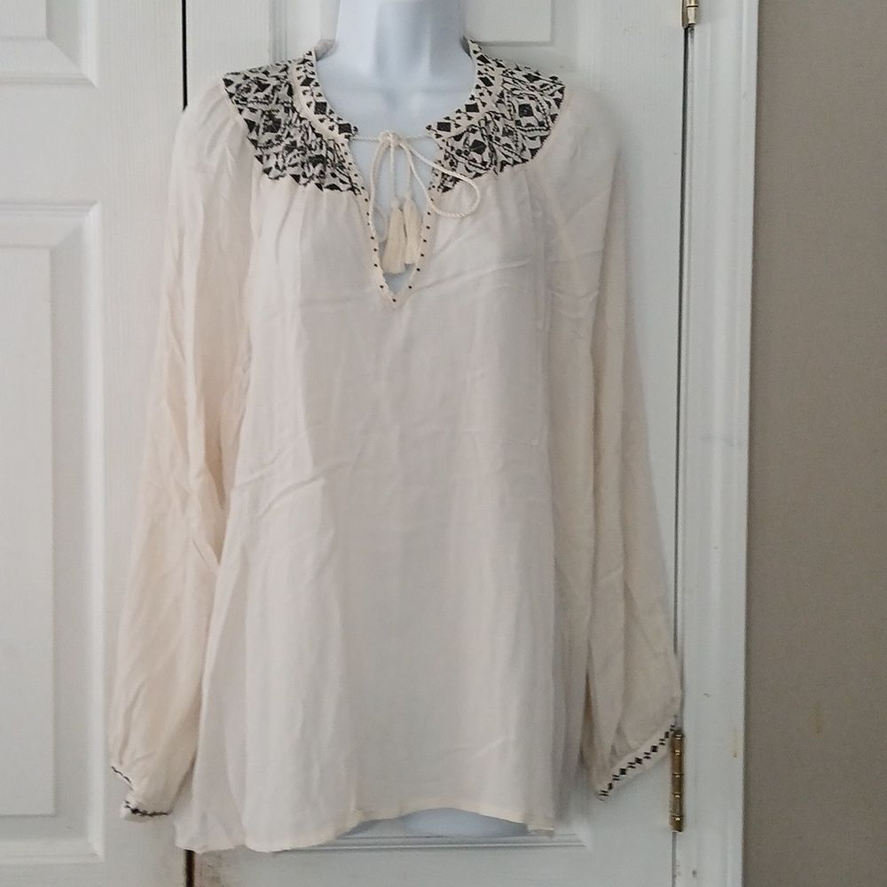 Lucky Brand off white and black long sleeve embroidered blouse Sz XL